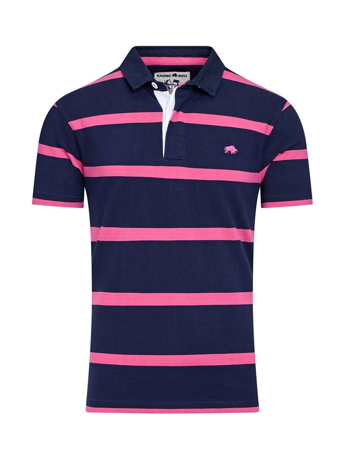 Product image 2 of 7, which shows Raging Bull Short Sleeve Thin Stripe Rugby Shirt, Navy/Fuchsia, S