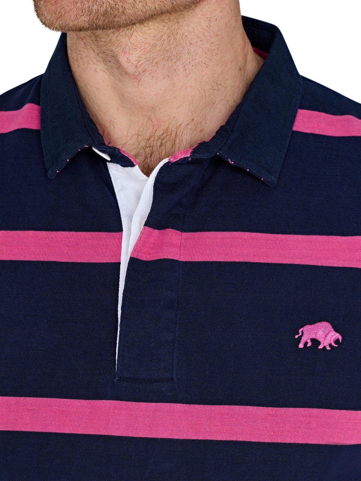 Product image 4 of 7, which shows Raging Bull Short Sleeve Thin Stripe Rugby Shirt, Navy/Fuchsia, S