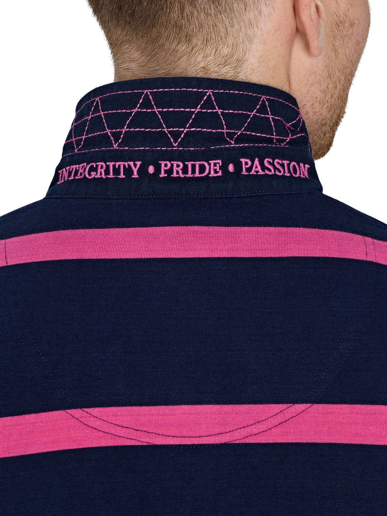 Product image 5 of 7, which shows Raging Bull Short Sleeve Thin Stripe Rugby Shirt, Navy/Fuchsia, S