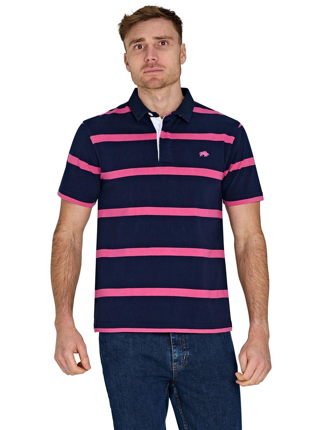 Product image 7 of 7, which shows Raging Bull Short Sleeve Thin Stripe Rugby Shirt, Navy/Fuchsia, S