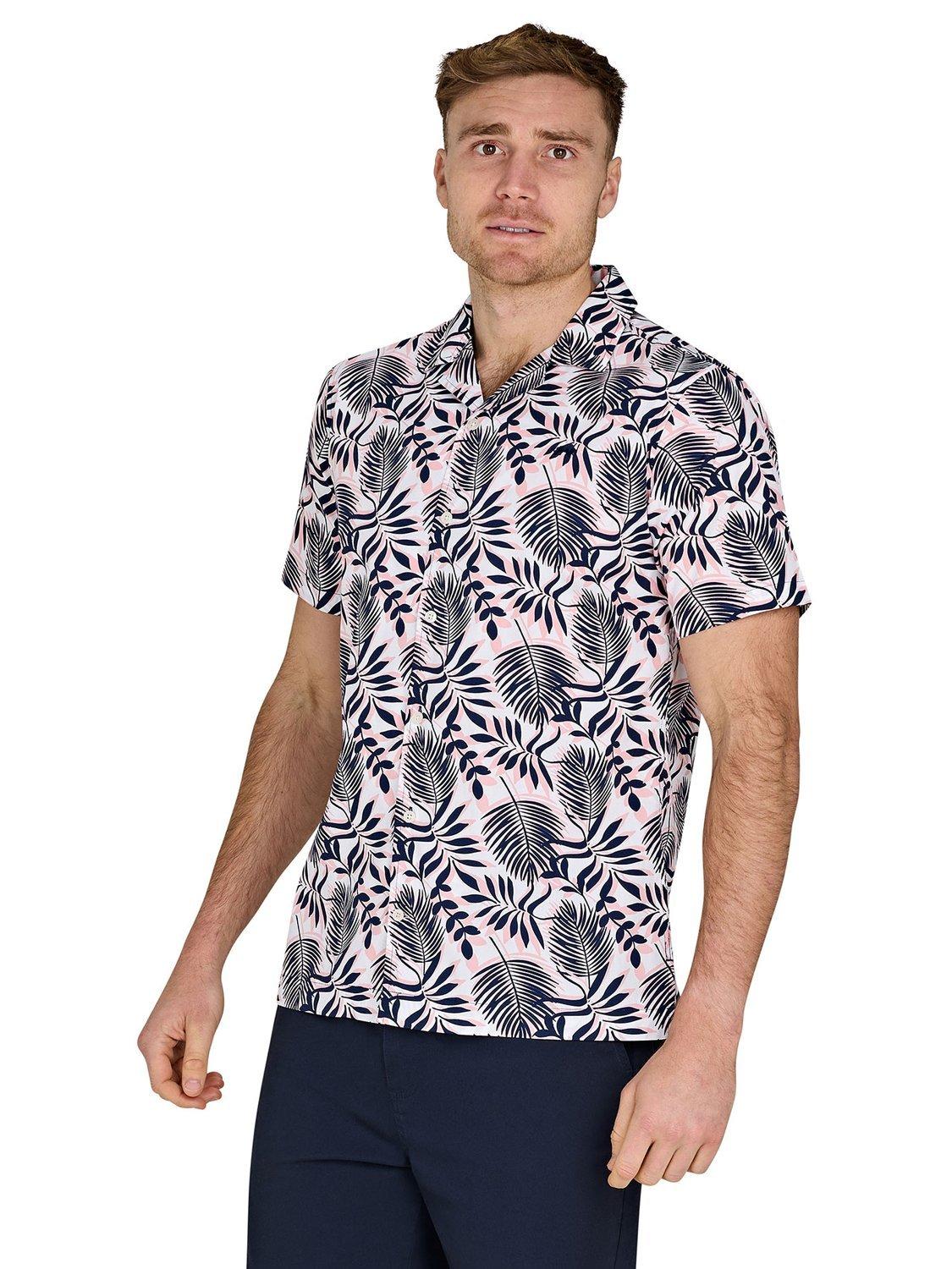Product image 1 of 8, which shows Raging Bull Cotton Regular Fit Palm Leaf Print Shirt, Navy/Multi, S