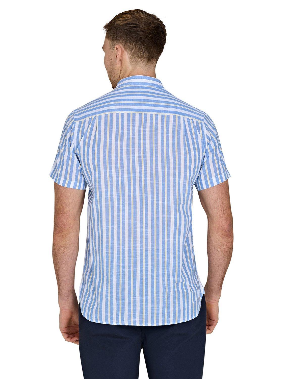 Product image 3 of 7, which shows Raging Bull Cotton Regular Fit Multi Stripe Cotton Linen Look Shirt, Mid Blue/Multi, S