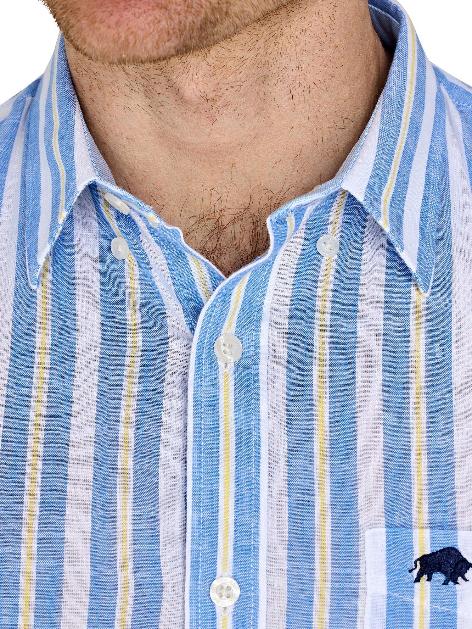 Product image 4 of 7, which shows Raging Bull Cotton Regular Fit Multi Stripe Cotton Linen Look Shirt, Mid Blue/Multi, S