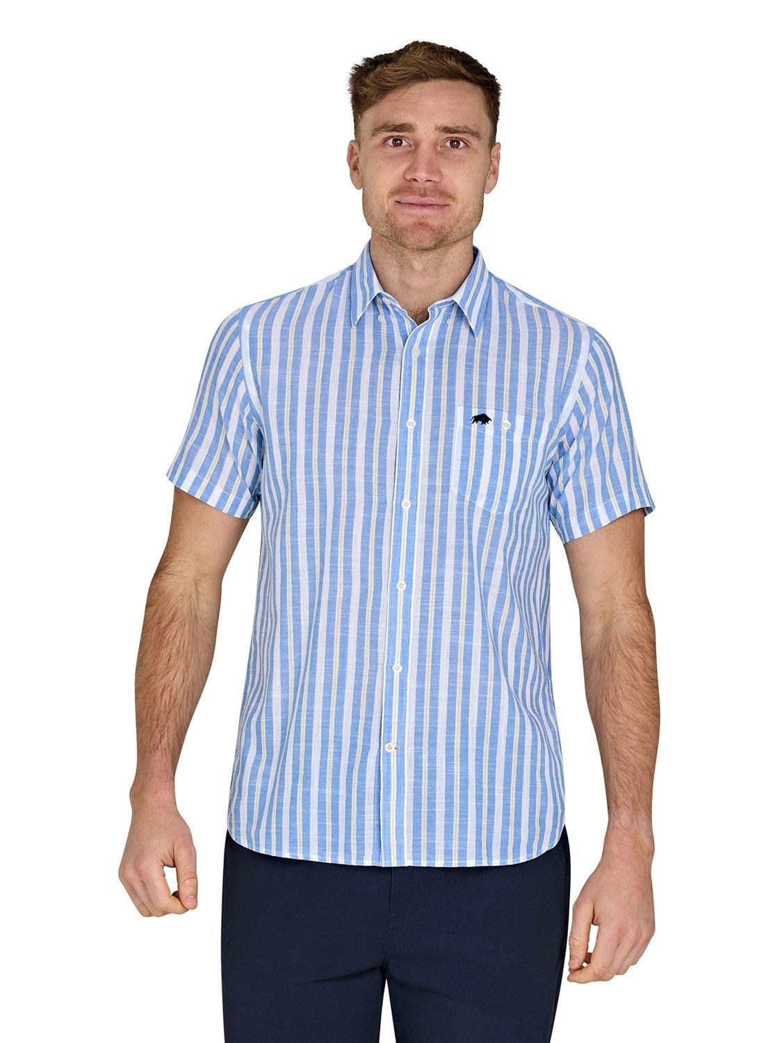 Product image 7 of 7, which shows Raging Bull Cotton Regular Fit Multi Stripe Cotton Linen Look Shirt, Mid Blue/Multi, S