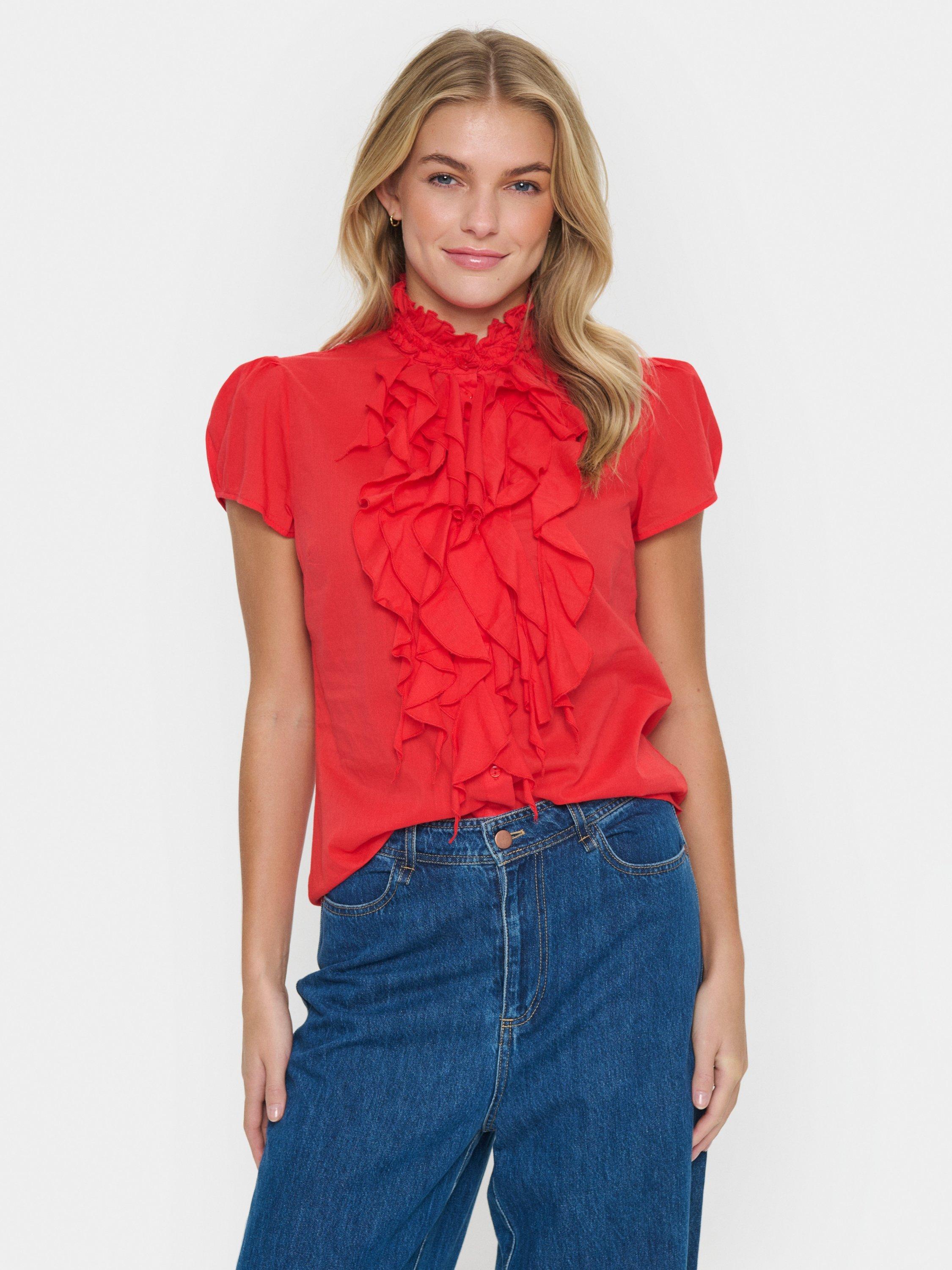 Product image 1 of 6, which shows Saint Tropez Tilli Short Sleeve Ruffle Shirt, Flame Scarlet, XS