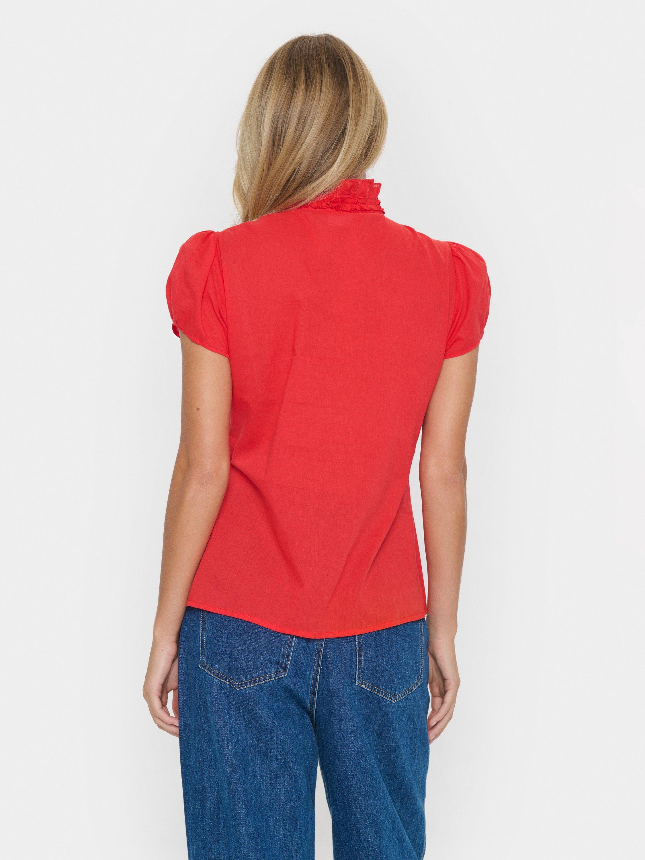 Product image 2 of 6, which shows Saint Tropez Tilli Short Sleeve Ruffle Shirt, Flame Scarlet, XS