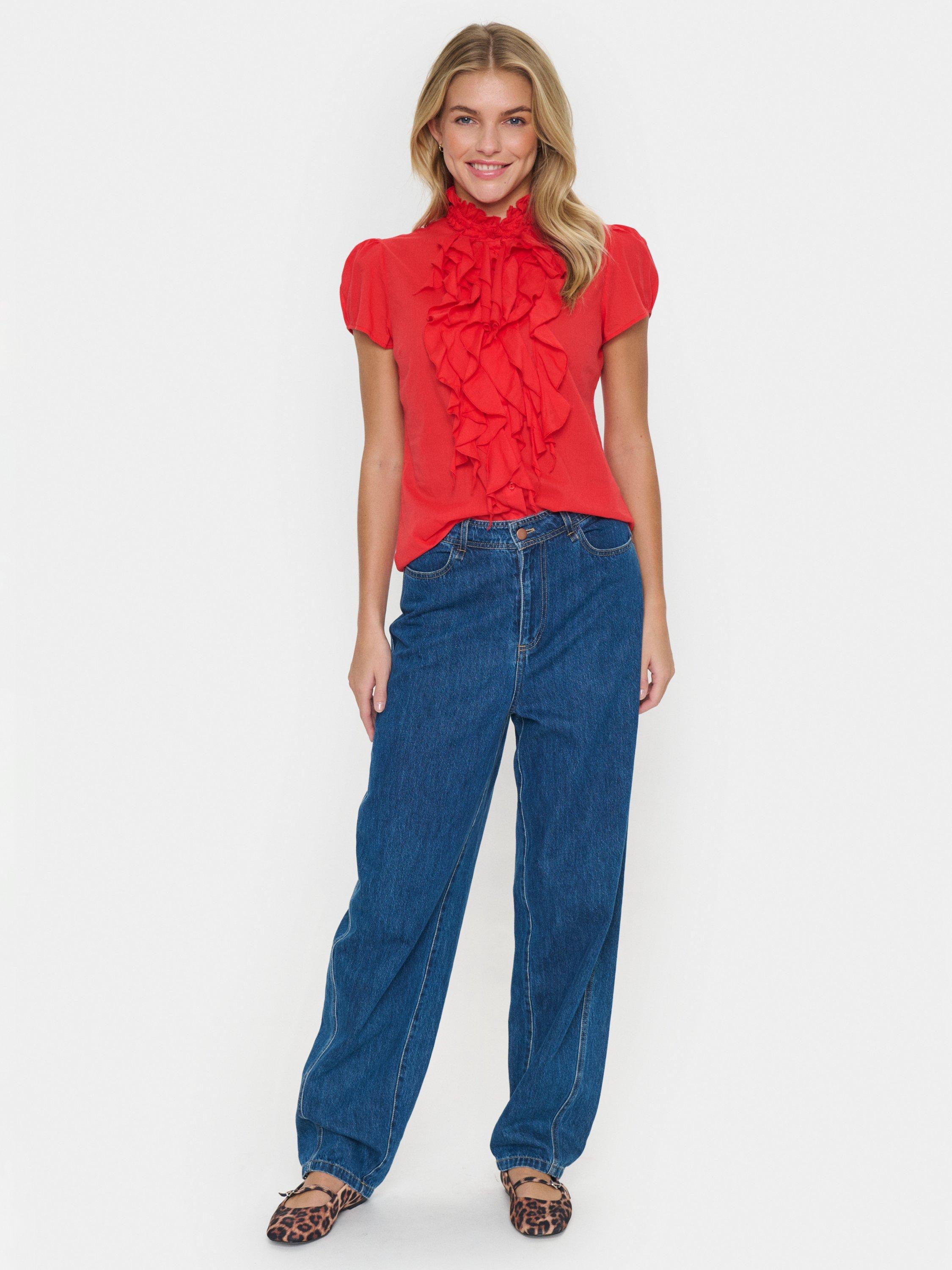 Product image 3 of 6, which shows Saint Tropez Tilli Short Sleeve Ruffle Shirt, Flame Scarlet, XS