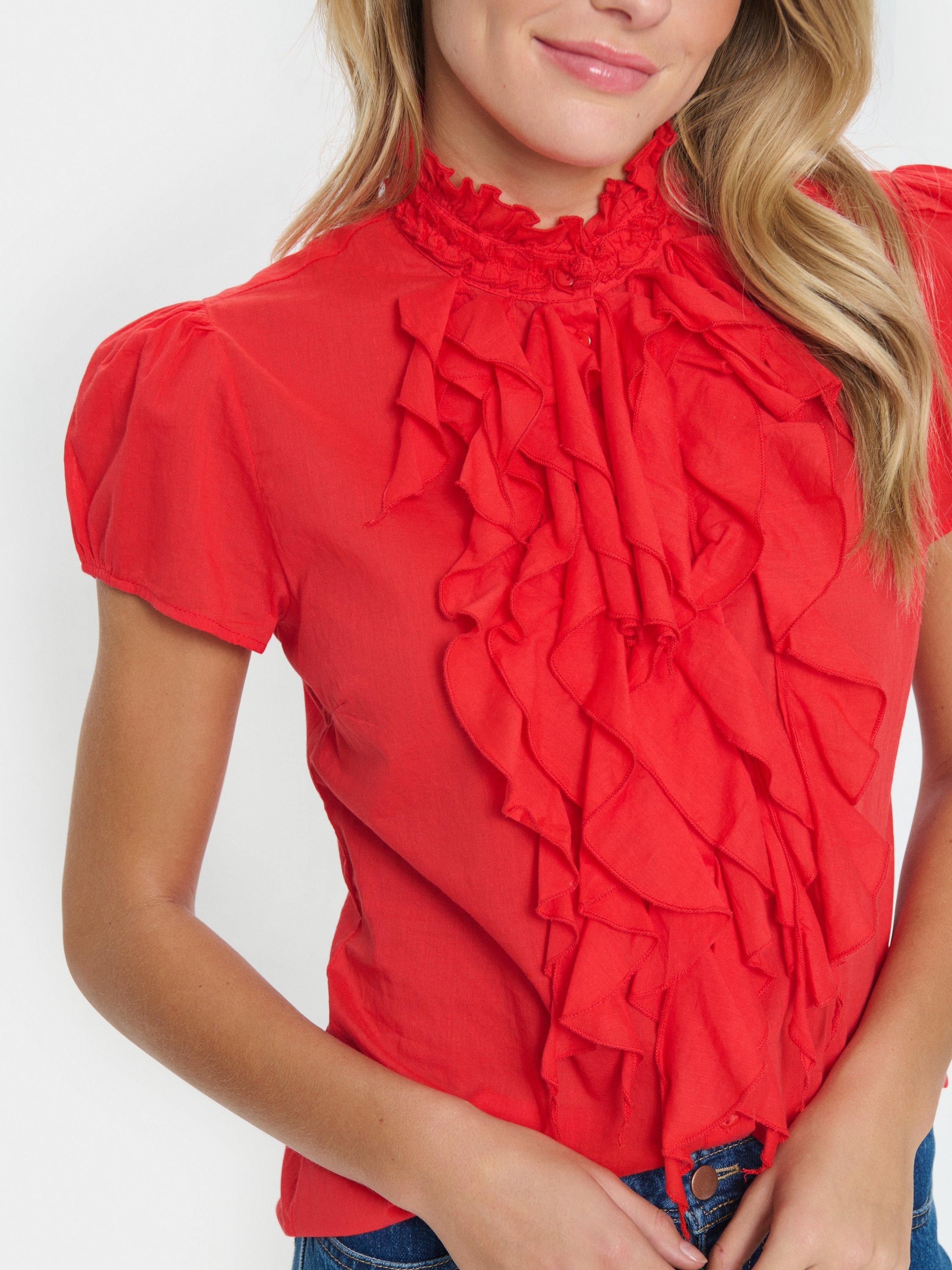 Product image 4 of 6, which shows Saint Tropez Tilli Short Sleeve Ruffle Shirt, Flame Scarlet, XS