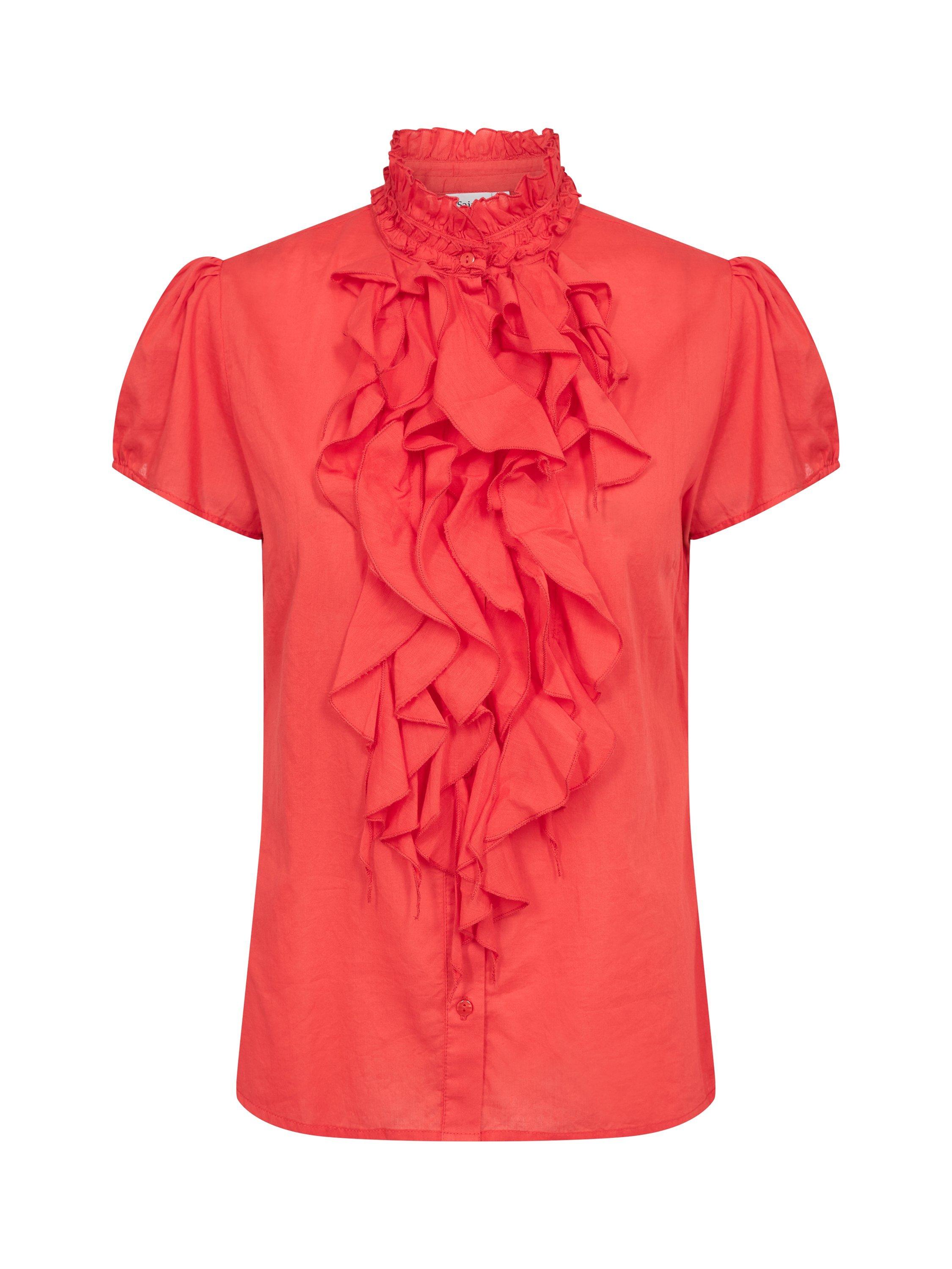 Product image 5 of 6, which shows Saint Tropez Tilli Short Sleeve Ruffle Shirt, Flame Scarlet, XS