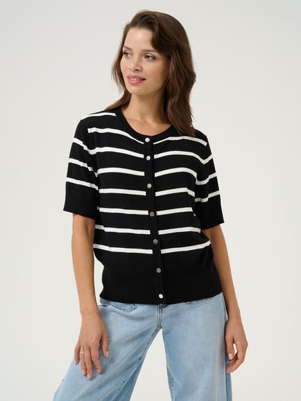 KAFFE Lizza Stripe Short Sleeve Cardigan, Black/Chalk, Black/Chalk