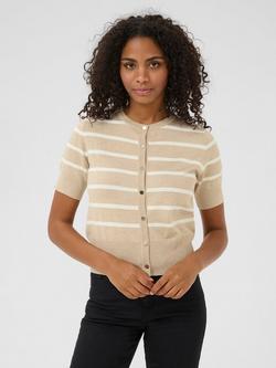 KAFFE Lizza Stripe Short Sleeve Cardigan, Grey/Chalk, Grey/Chalk