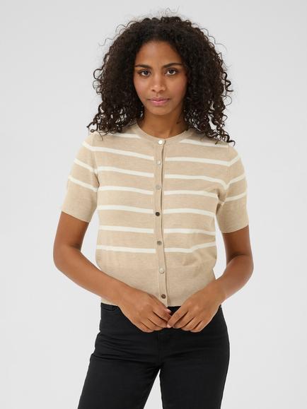 KAFFE Lizza Stripe Short Sleeve Cardigan, Grey/Chalk, Grey/Chalk