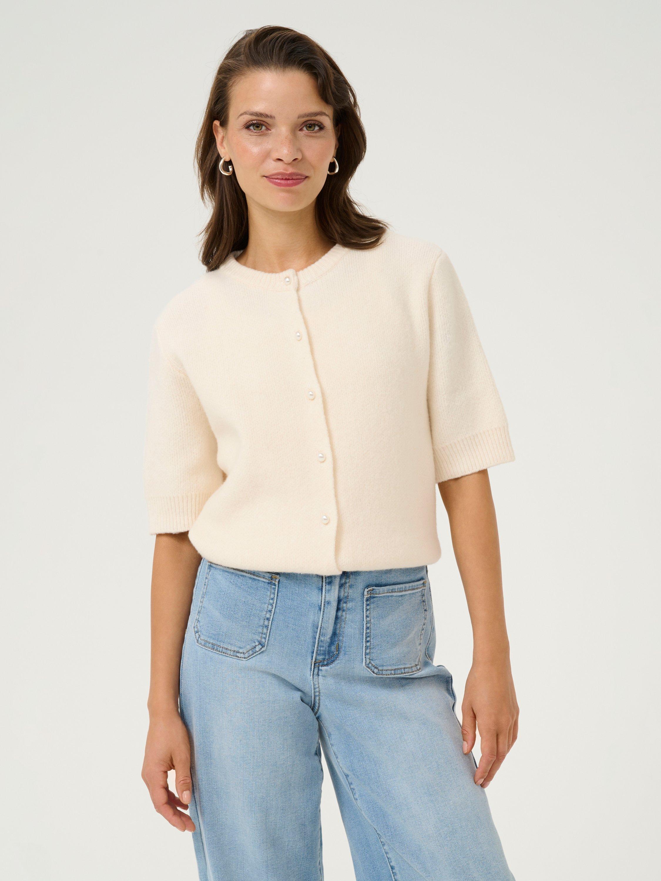 Product image 1 of 6, which shows KAFFE Severina Short Sleeve Knit Cardigan, Chalk, S
