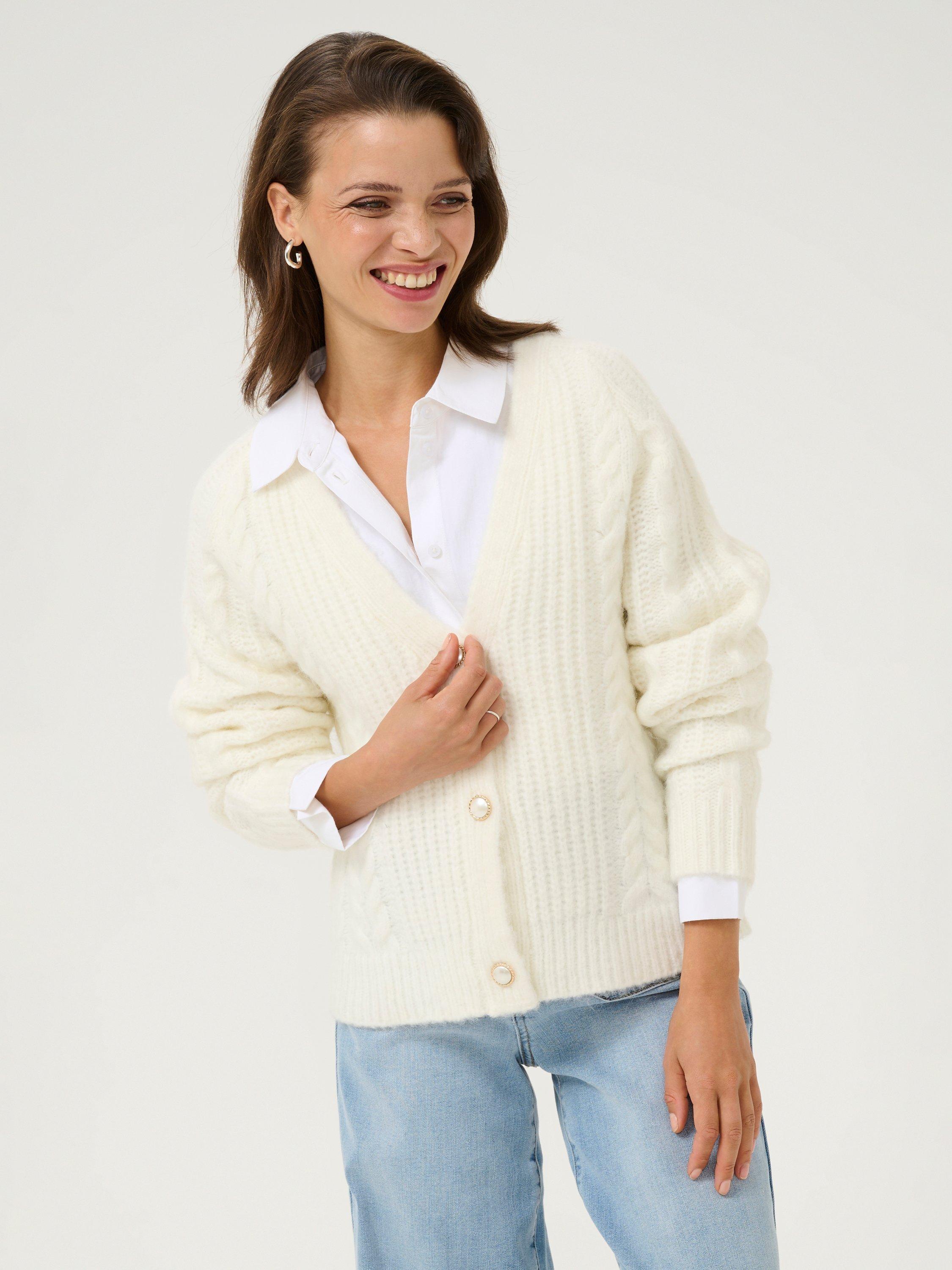 Product image 1 of 6, which shows KAFFE Smilla Chunky V-Neck Cardigan, Chalk, XS