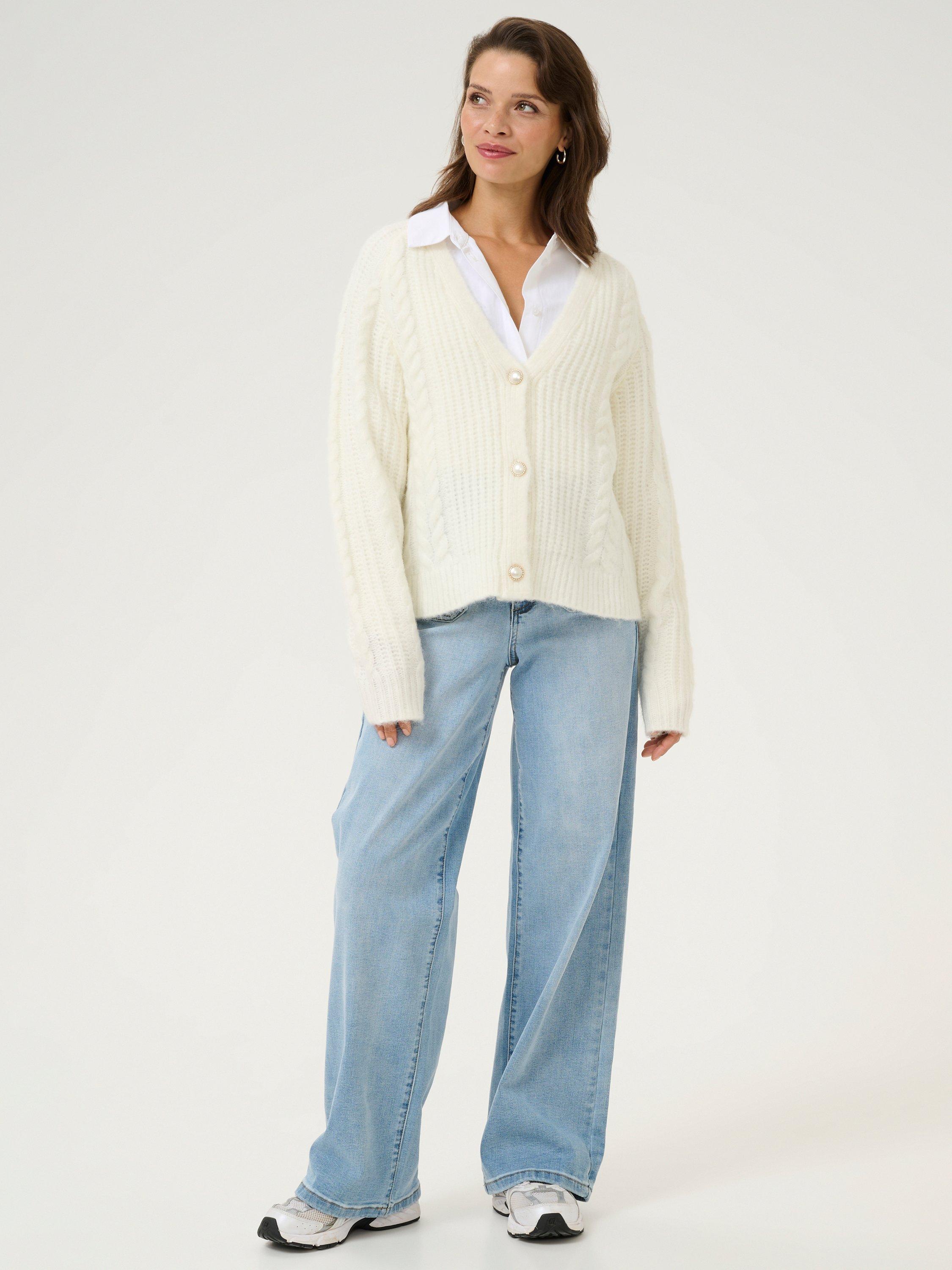 Product image 3 of 6, which shows KAFFE Smilla Chunky V-Neck Cardigan, Chalk, XS