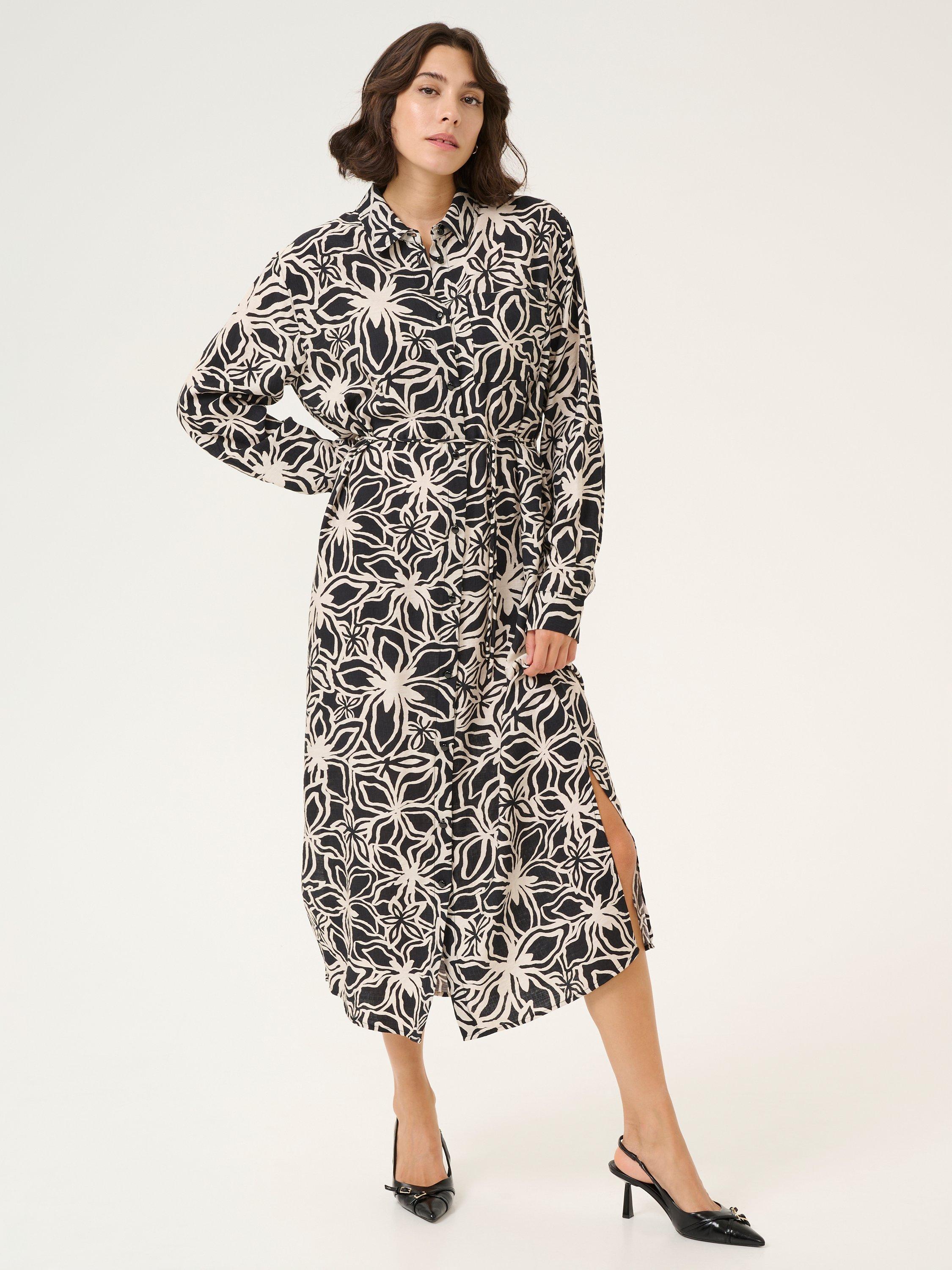 Product image 1 of 5, which shows KAFFE Hannah Floral Midi Dress, Light Beige/Black, 10