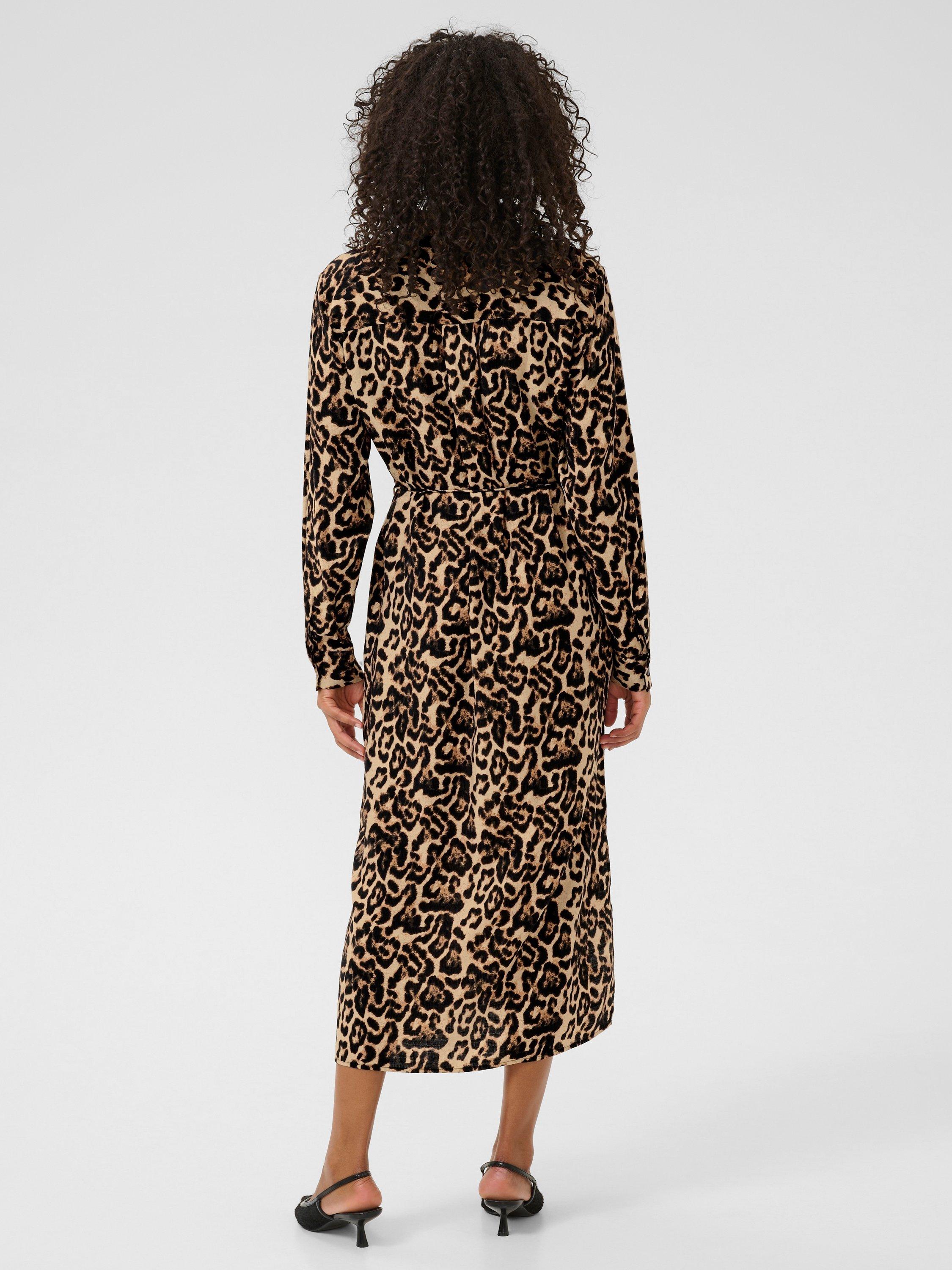 Product image 2 of 5, which shows KAFFE Hannah Leopard Print Midi Shirt Dress, Brown/Multi, 8