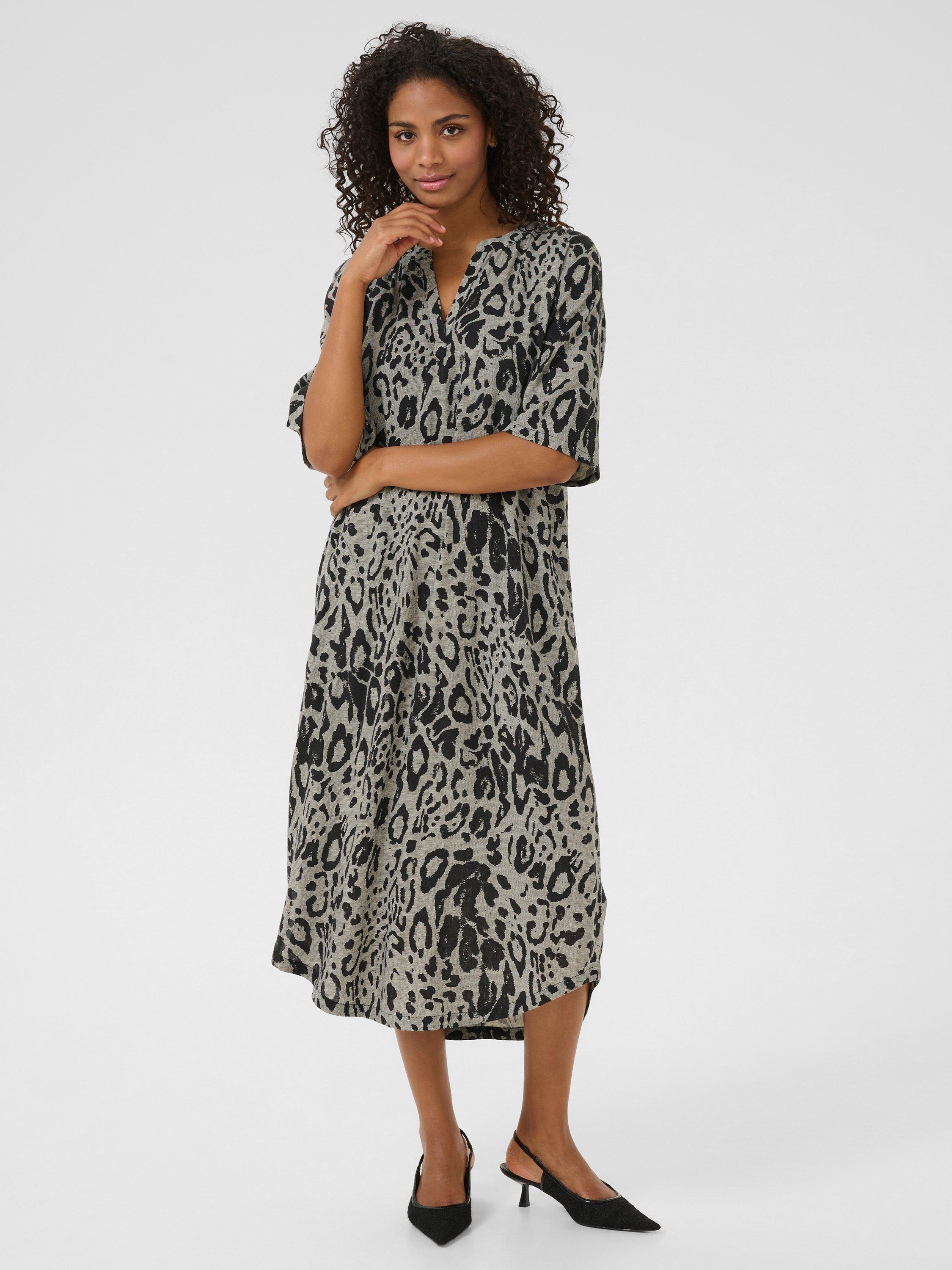 Product image 1 of 5, which shows KAFFE Milia Animal Print Kaftan Dress, Black/Multi, 8