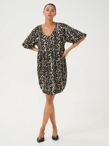 KAFFE Nani Leopard Print Tulip Knee Length Dress, Beige/Multi, Beige/Multi