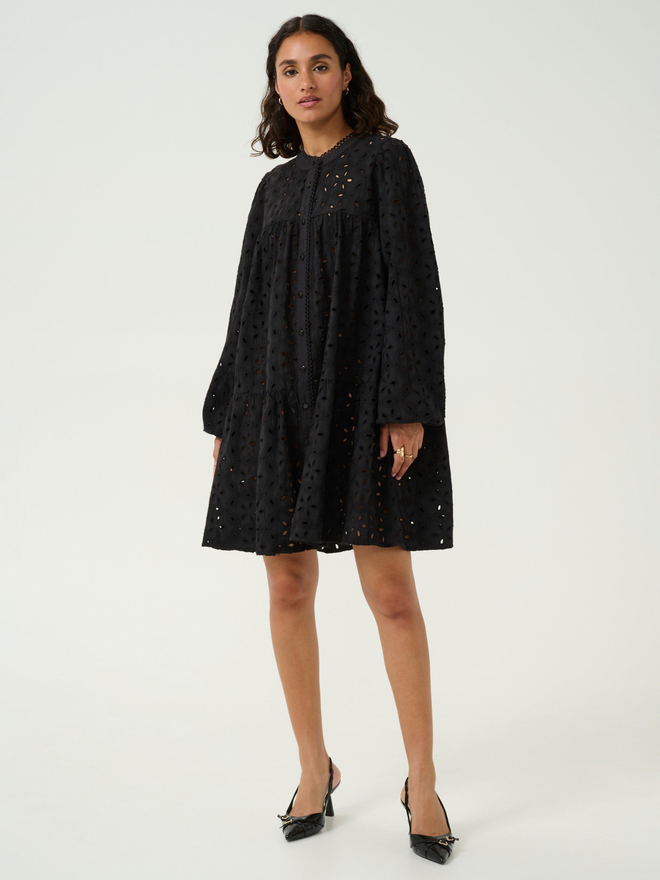 Product image 1 of 6, which shows KAFFE Silinia Cut Out Embroidered A-Line Mini Dress, Black, 10