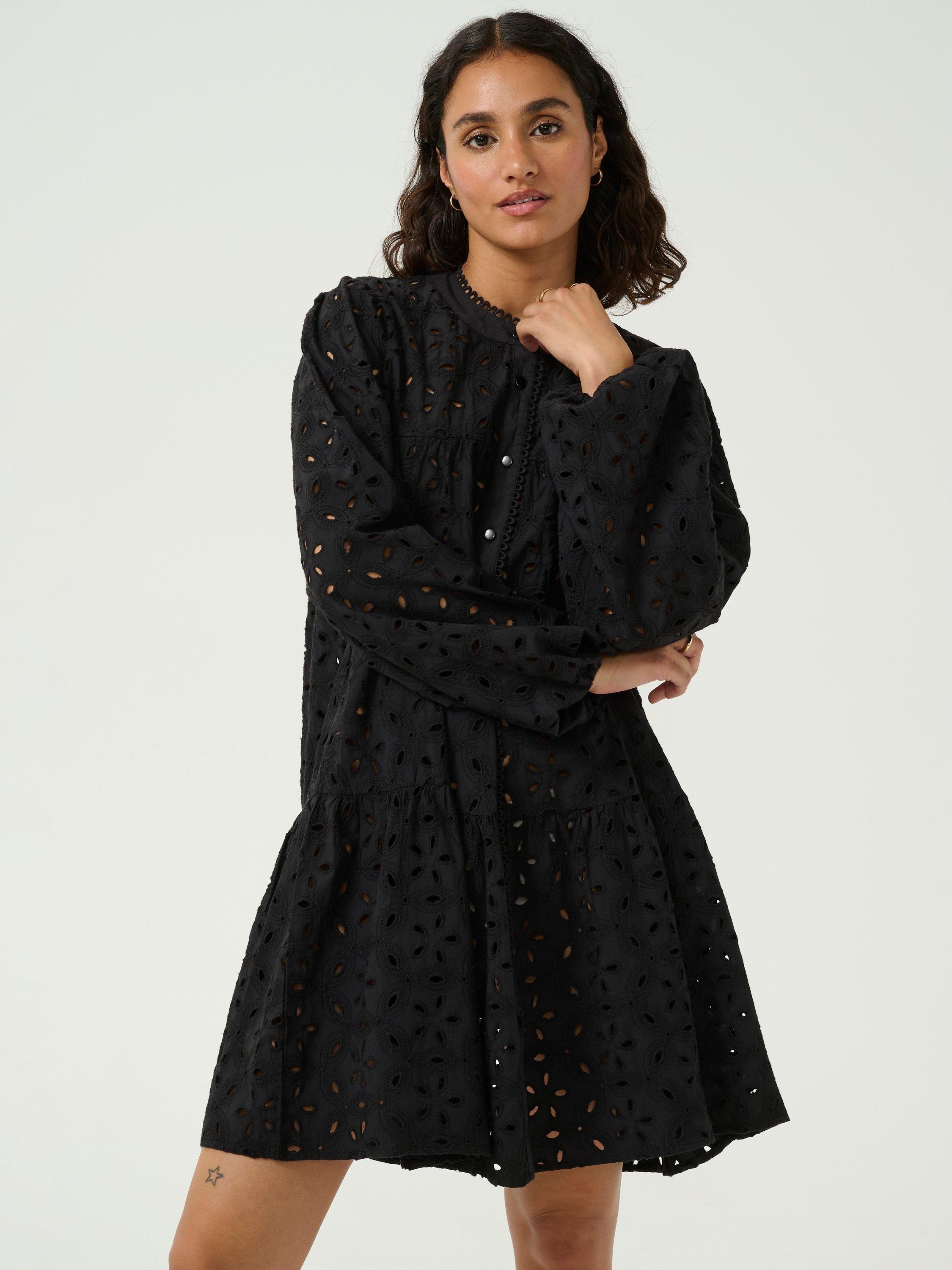 Product image 3 of 6, which shows KAFFE Silinia Cut Out Embroidered A-Line Mini Dress, Black, 10