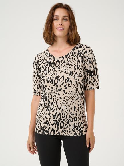 KAFFE Liz Leopard Print Short Sleeve Jumper, Black Leopard, Black Leopard
