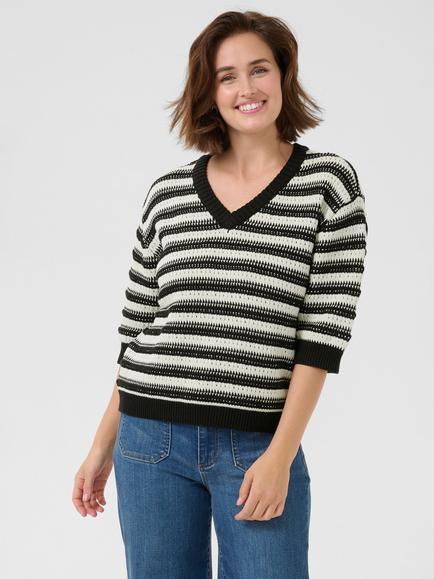 KAFFE Stine Stripe V-Neck Jumper, Dove/Black, Dove/Black