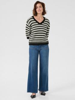 KAFFE Stine Stripe V-Neck Jumper, Dove/Black - view 2, Dove/Black