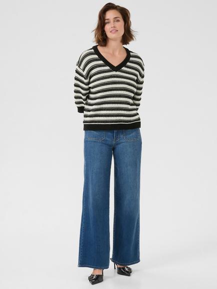 KAFFE Stine Stripe V-Neck Jumper, Dove/Black - view 2, Dove/Black