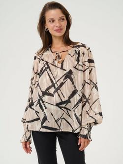 KAFFE Archy Abstract Pleated Blouse, Beige/Multi, Beige/Multi