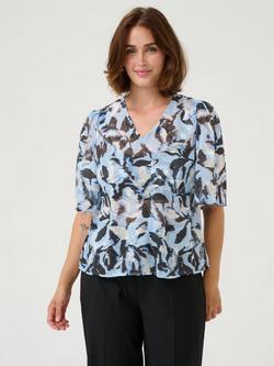 KAFFE Elina Floral Print V-Neck Blouse, Blue/Multi, Blue/Multi