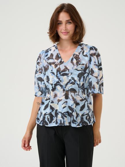 KAFFE Elina Floral Print V-Neck Blouse, Blue/Multi, Blue/Multi