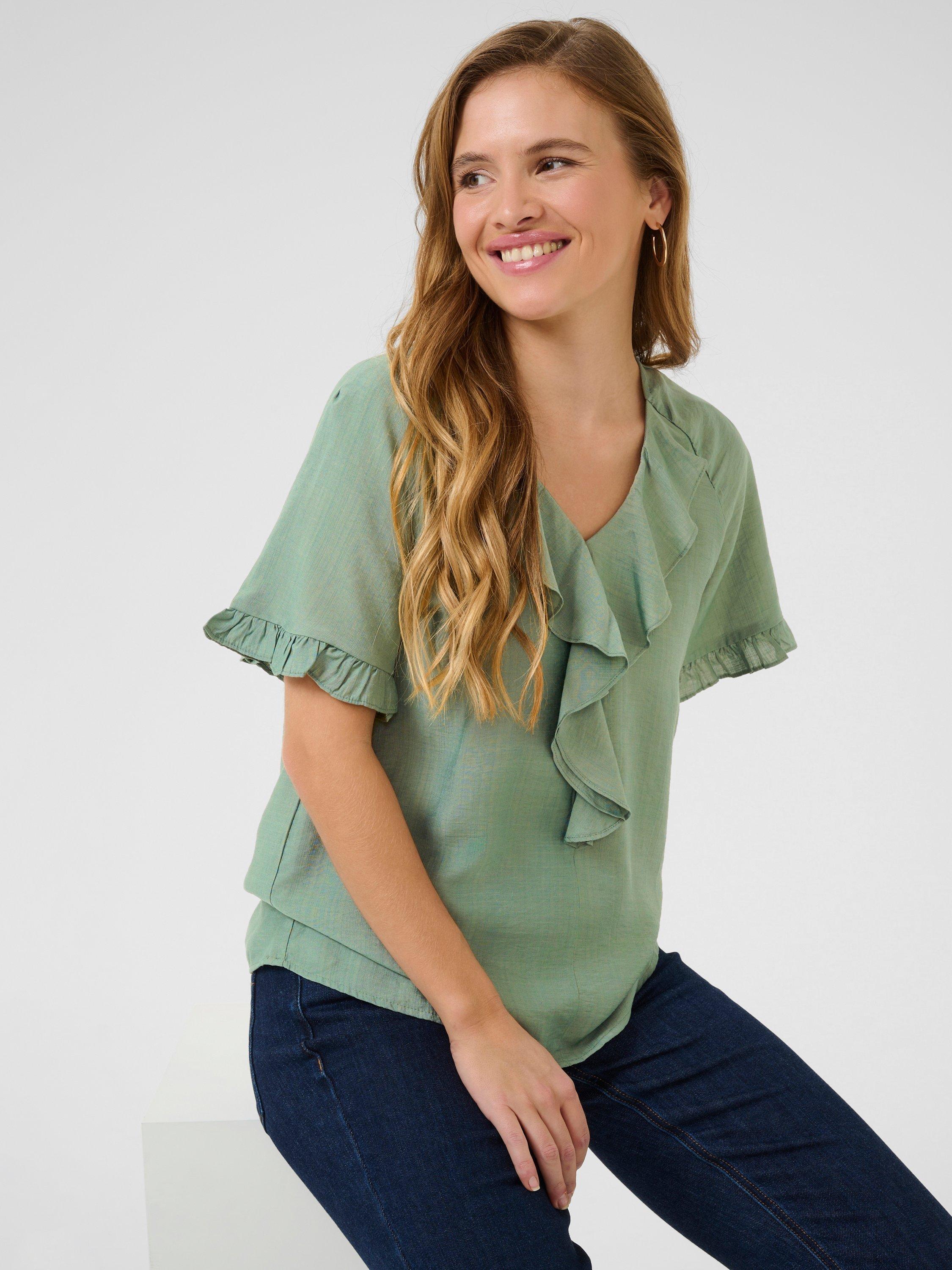 Product image 3 of 5, which shows KAFFE Mariana Ruffle Short Sleeve Blouse, Mid Green, 14