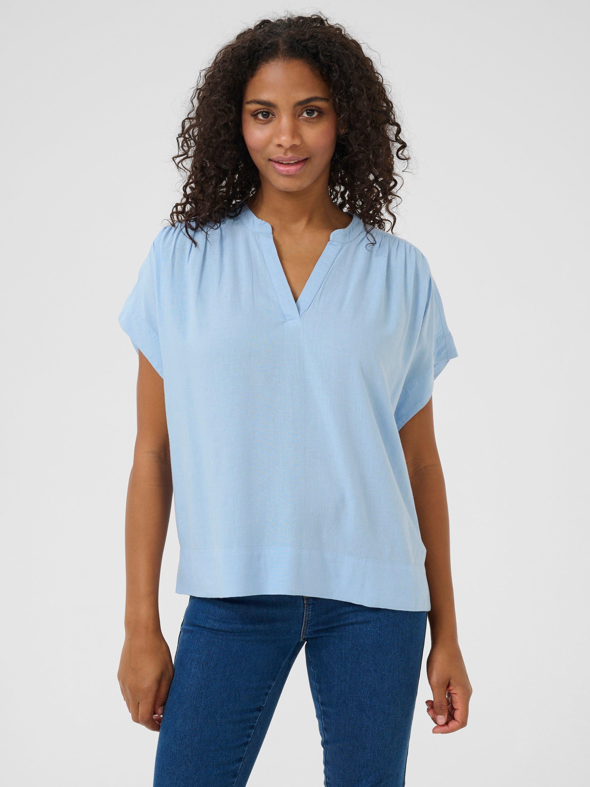 Product image 1 of 5, which shows KAFFE Milia Short Wing Sleeve Blouse, Soft Chambray, 8