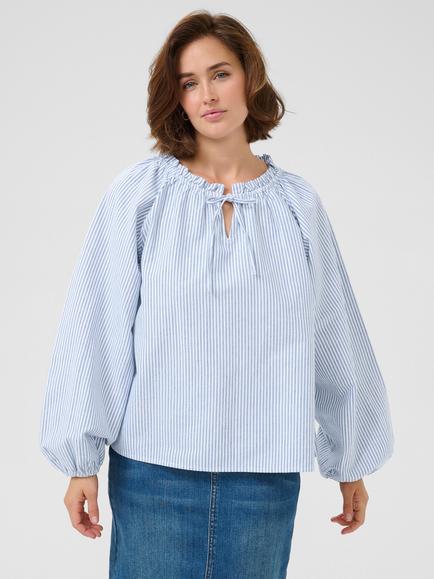 KAFFE Nelly Stripe Cotton Tie Neck Blouse, Mid Blue, Mid Blue