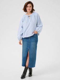 KAFFE Nelly Stripe Cotton Tie Neck Blouse, Mid Blue - view 2, Mid Blue