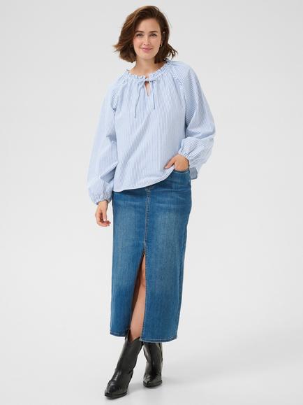 KAFFE Nelly Stripe Cotton Tie Neck Blouse, Mid Blue - view 2, Mid Blue