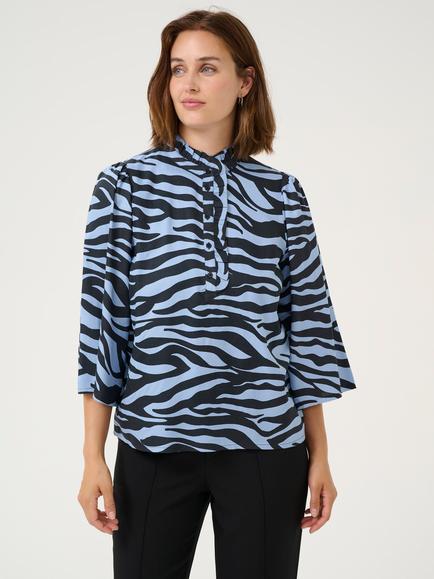 KAFFE Olga Zebra Print Tie Neck Blouse, Mid Blue, Mid Blue