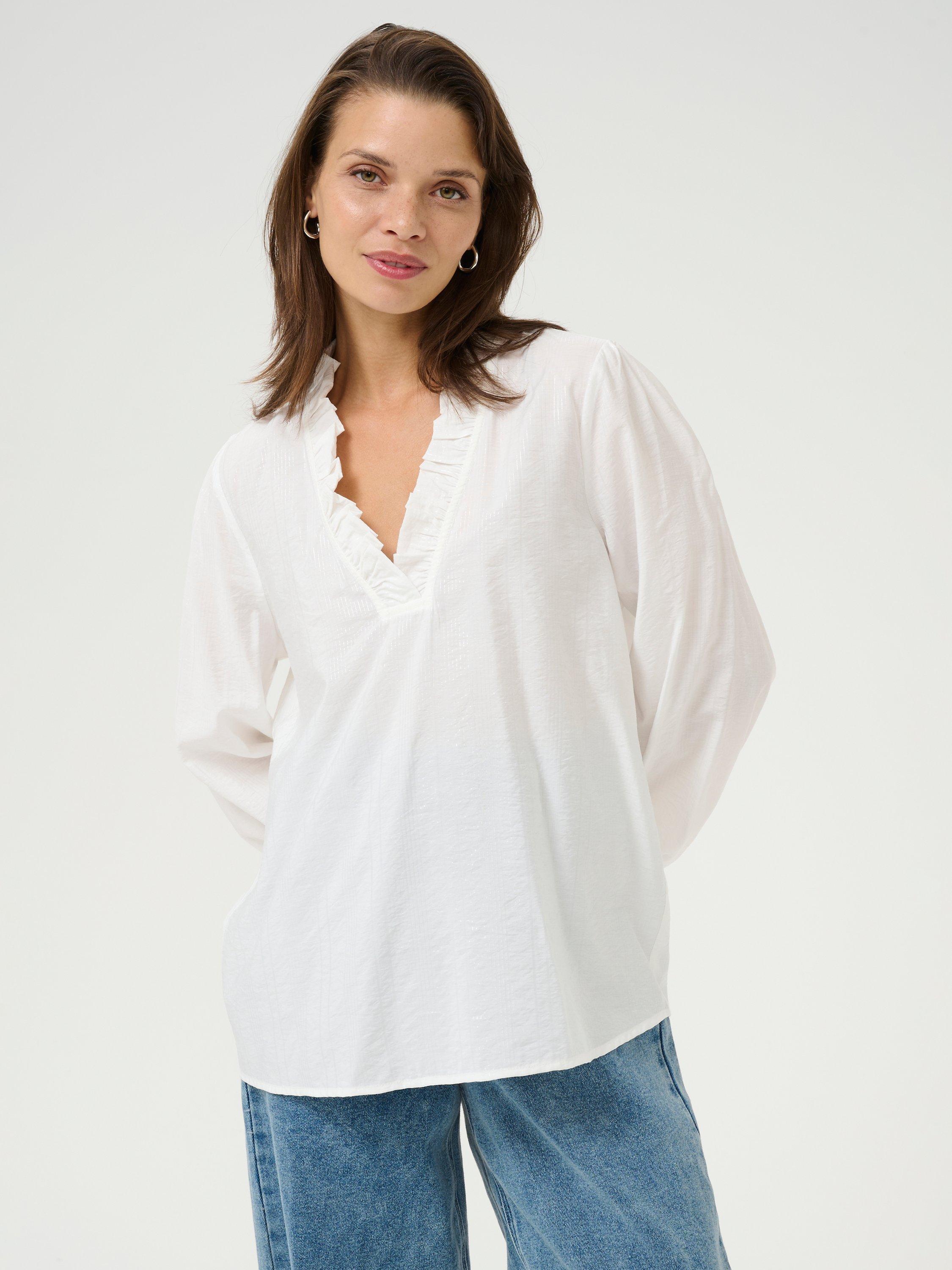 Product image 1 of 6, which shows KAFFE Sanni Frill Detail V-Neck Top, Chalk, 10