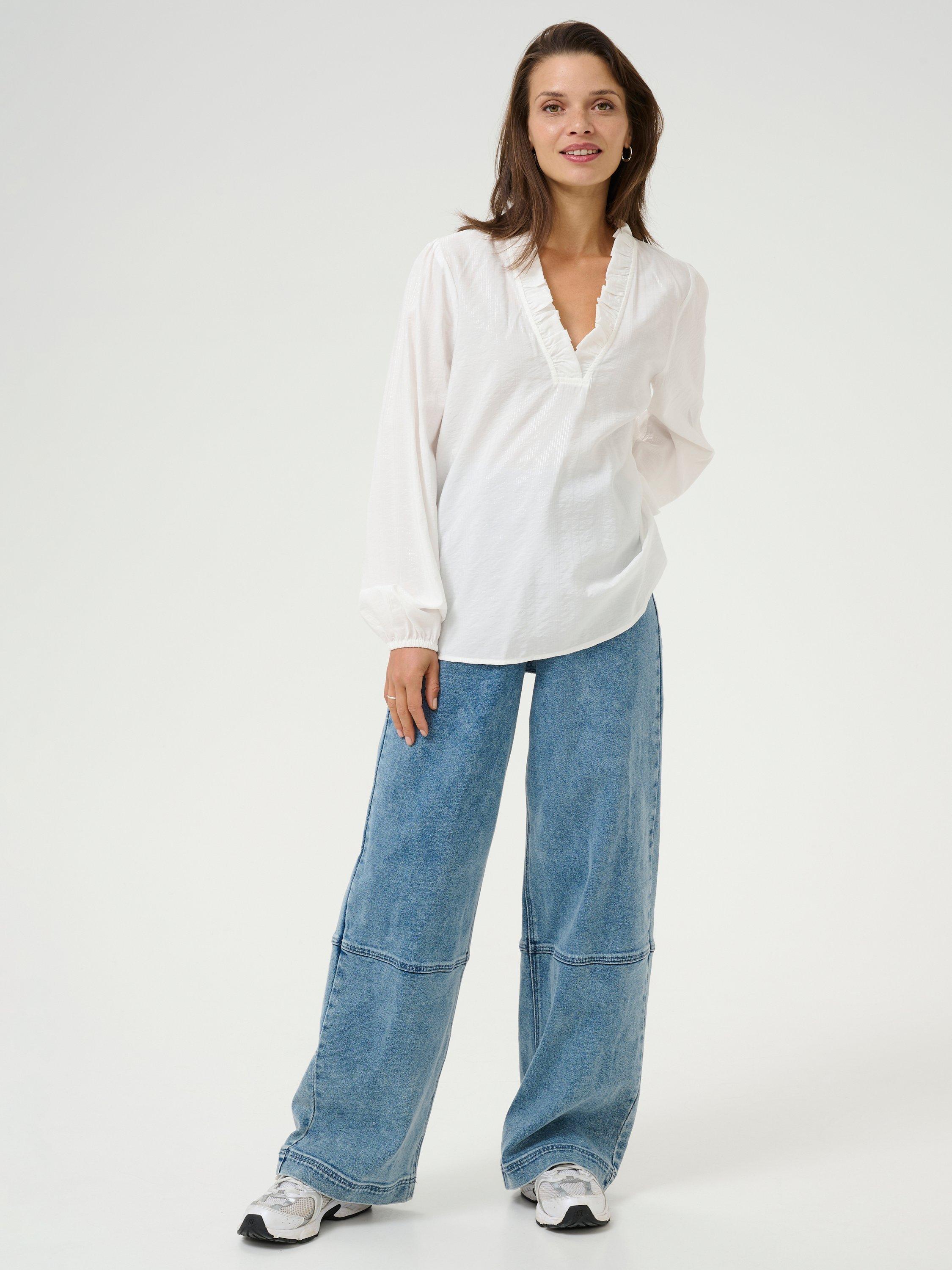 Product image 3 of 6, which shows KAFFE Sanni Frill Detail V-Neck Top, Chalk, 10