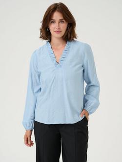 KAFFE Sanni Frill Detail V-Neck Top, Soft Chambray