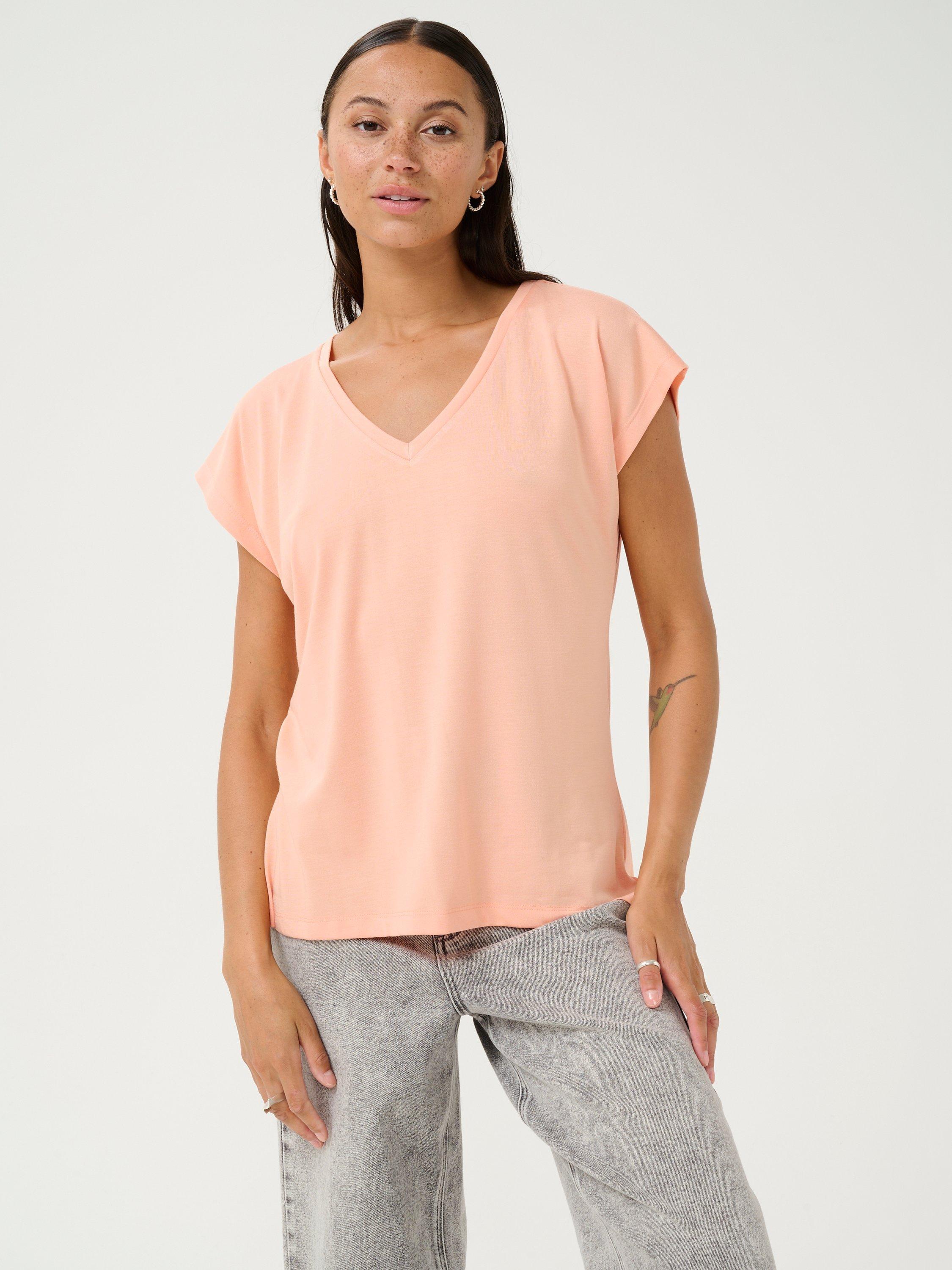 Product image 1 of 5, which shows KAFFE KAlise V-Neck T-Shirt, Elephant Skin, Peach Nectar, XS