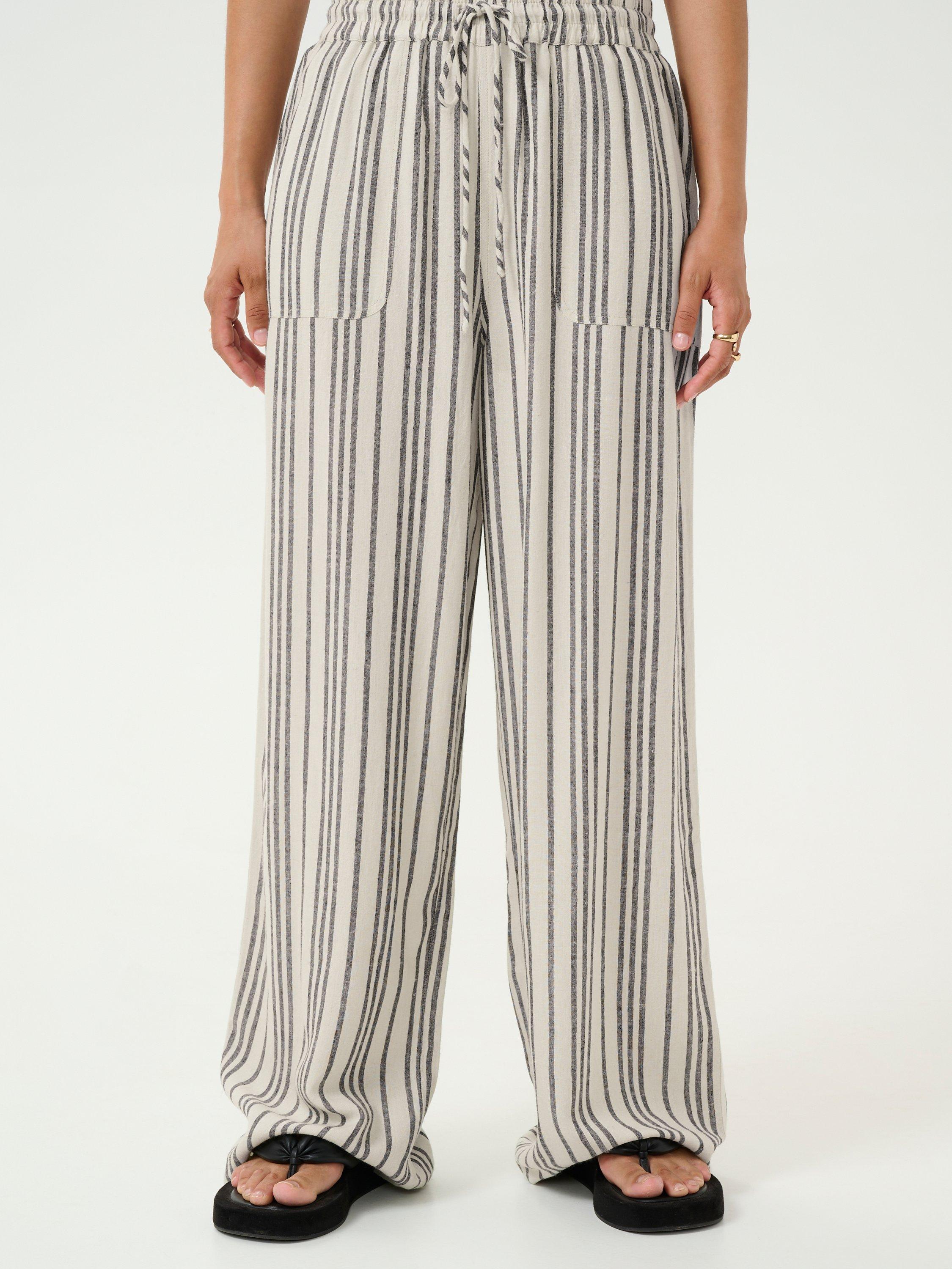 Product image 1 of 6, which shows KAFFE Milia Stripe High Waist Trousers, Beige/Multi, 8