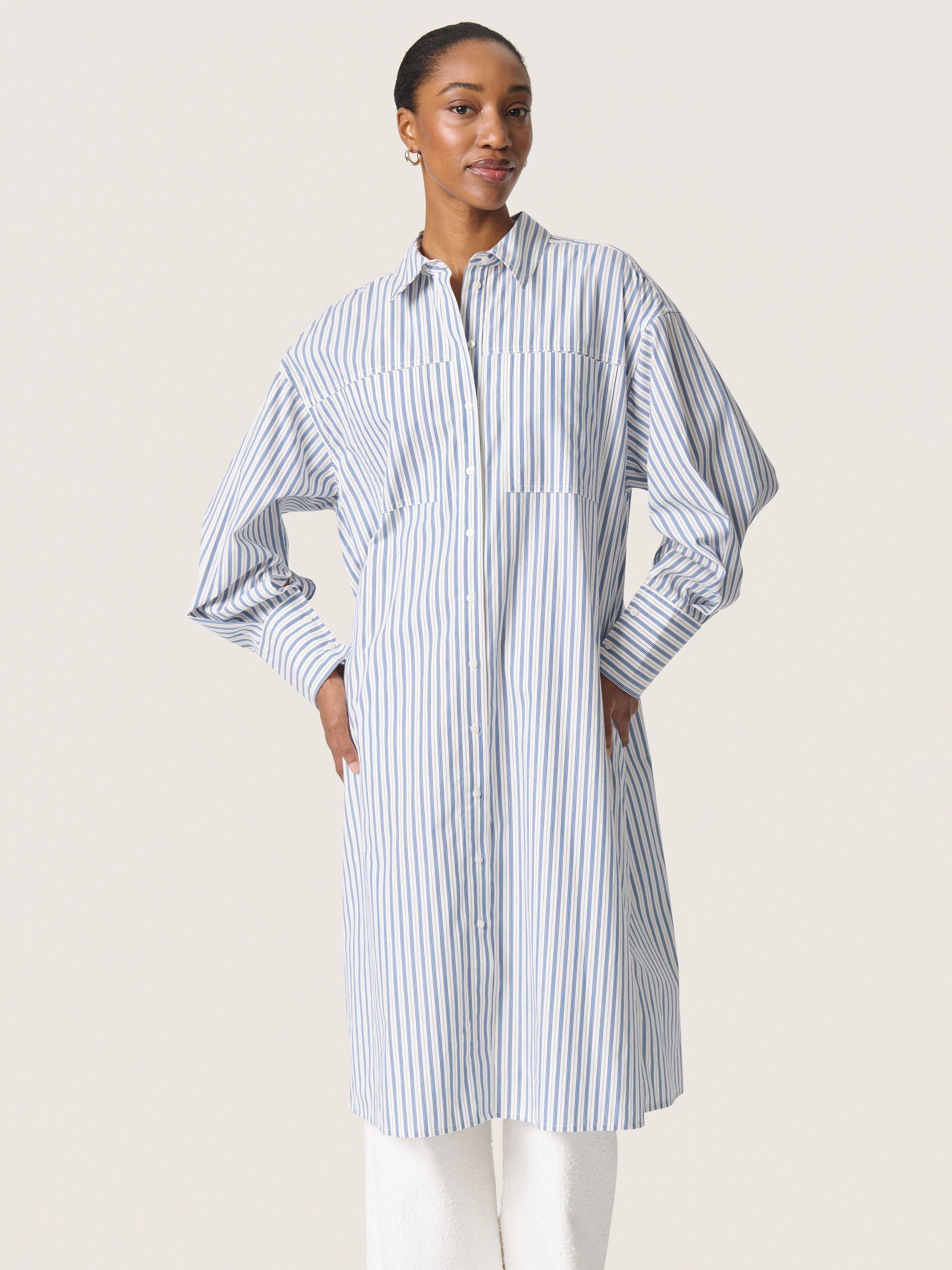 Product image 1 of 5, which shows Soaked In Luxury Mimilou Stripe Shirt Dress, Blue/White, XS