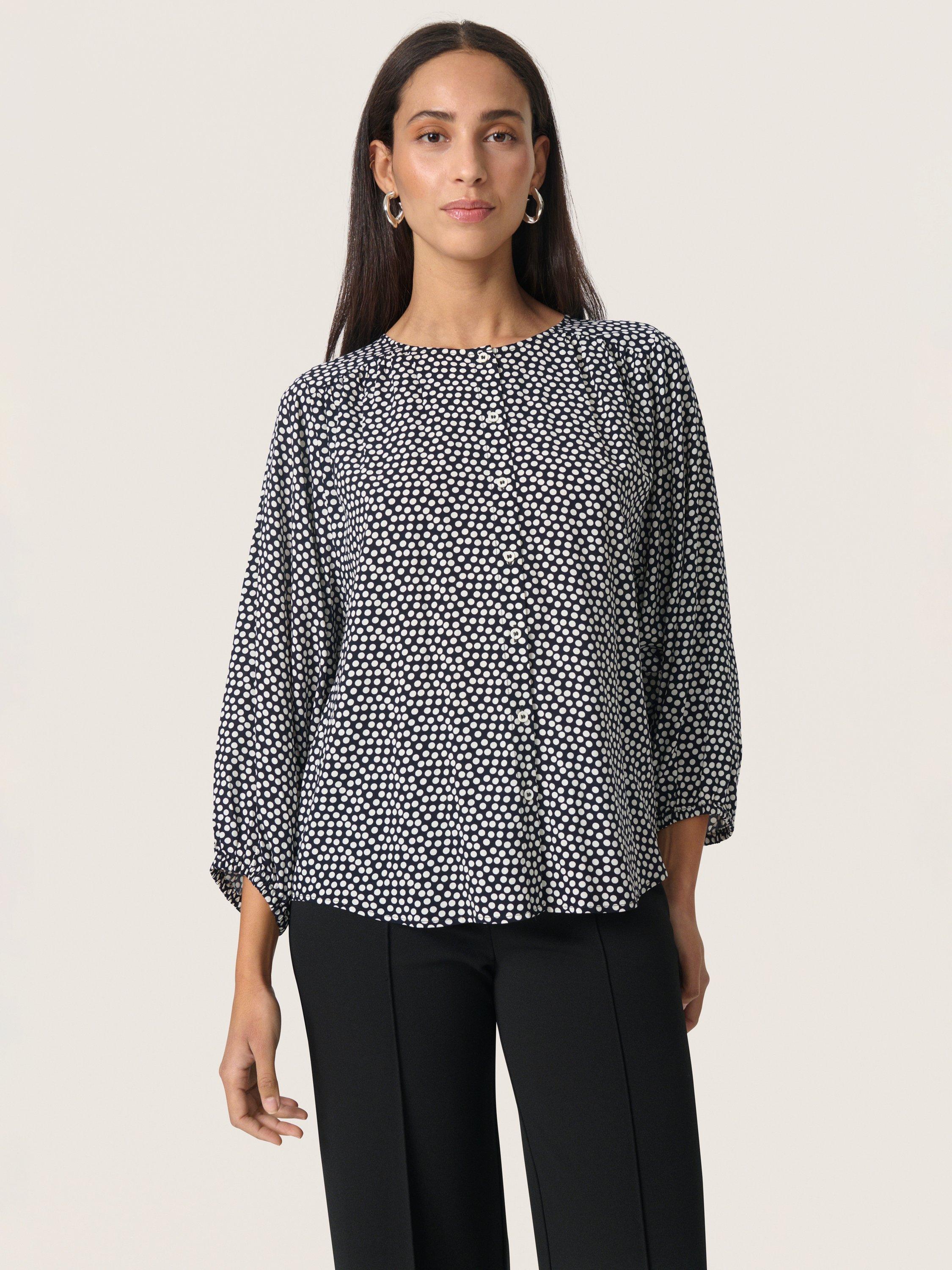 Product image 1 of 6, which shows Soaked In Luxury Arjana Polka Dot Shirt, Black/White, XS