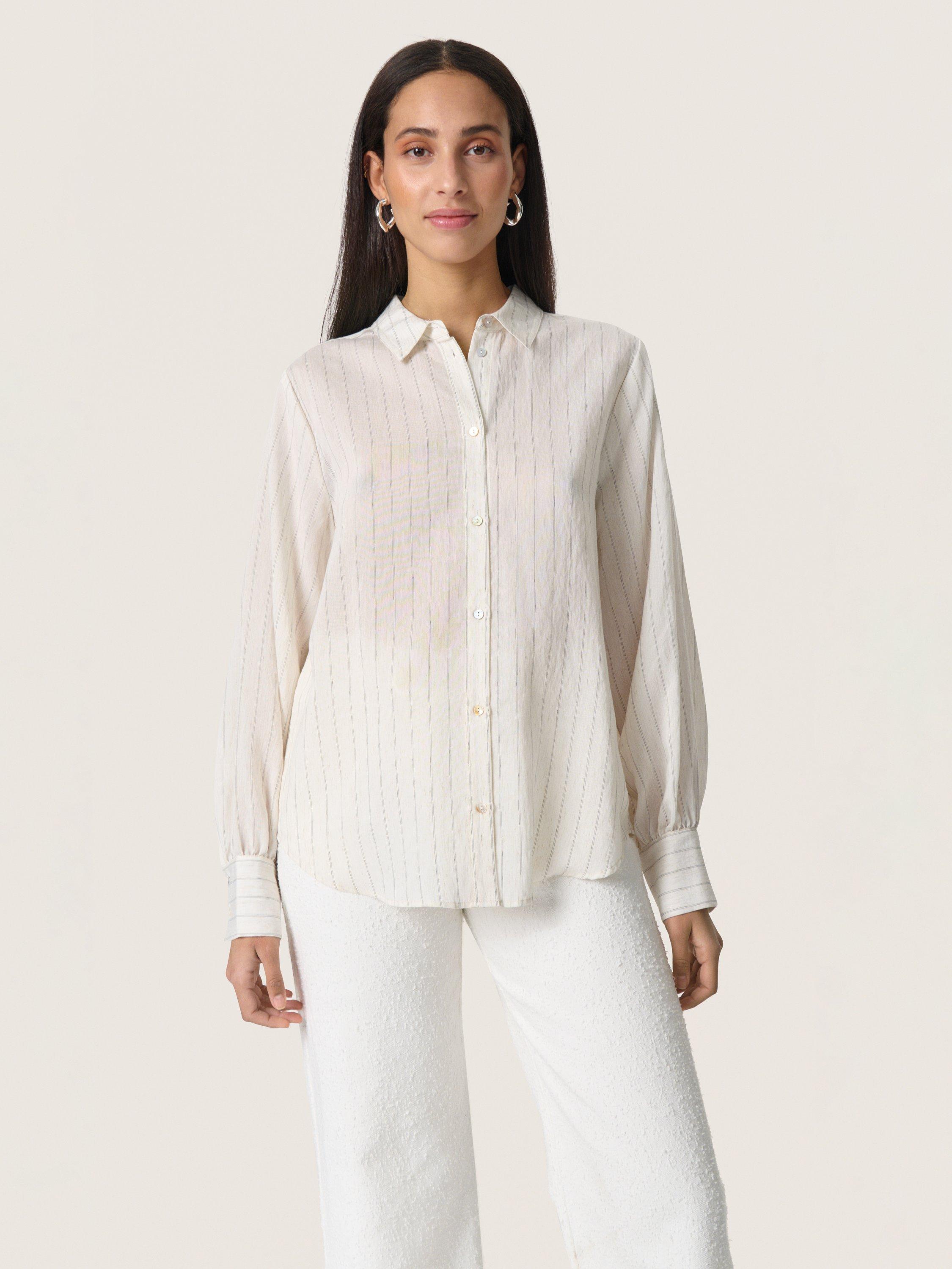 Product image 1 of 6, which shows Soaked In Luxury Roya Stripe Shirt, Natural Beige, S