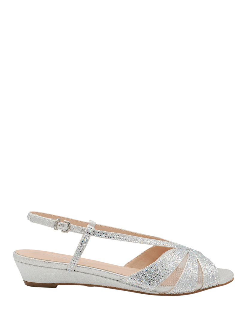Product image 1 of 6, which shows Paradox London Juliette Embellished Low Heel Wedge Sandals, Silver, 3