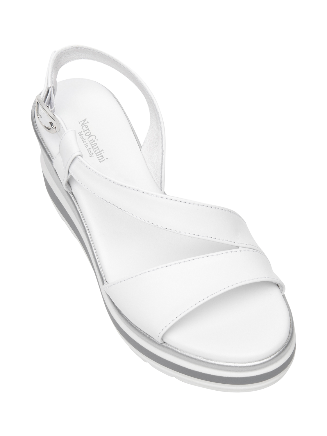 Product image 4 of 4, which shows NeroGiardini Ussita Leather Wedge Heeled Sandals, White, 5
