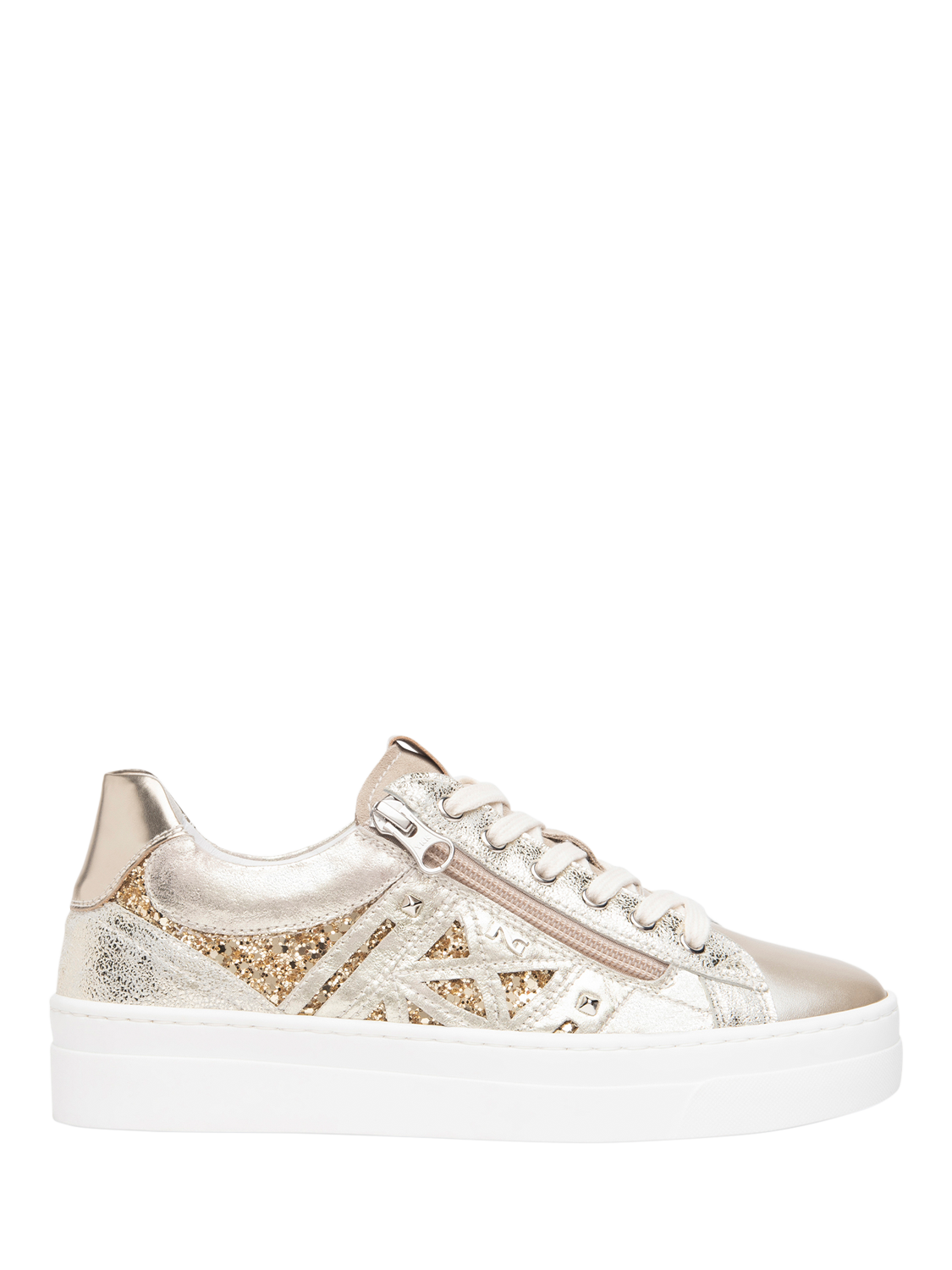 Product image 1 of 4, which shows NeroGiardini Genova Metallic Leather Lazer Cut Sparkle Trainers, Gold, 2