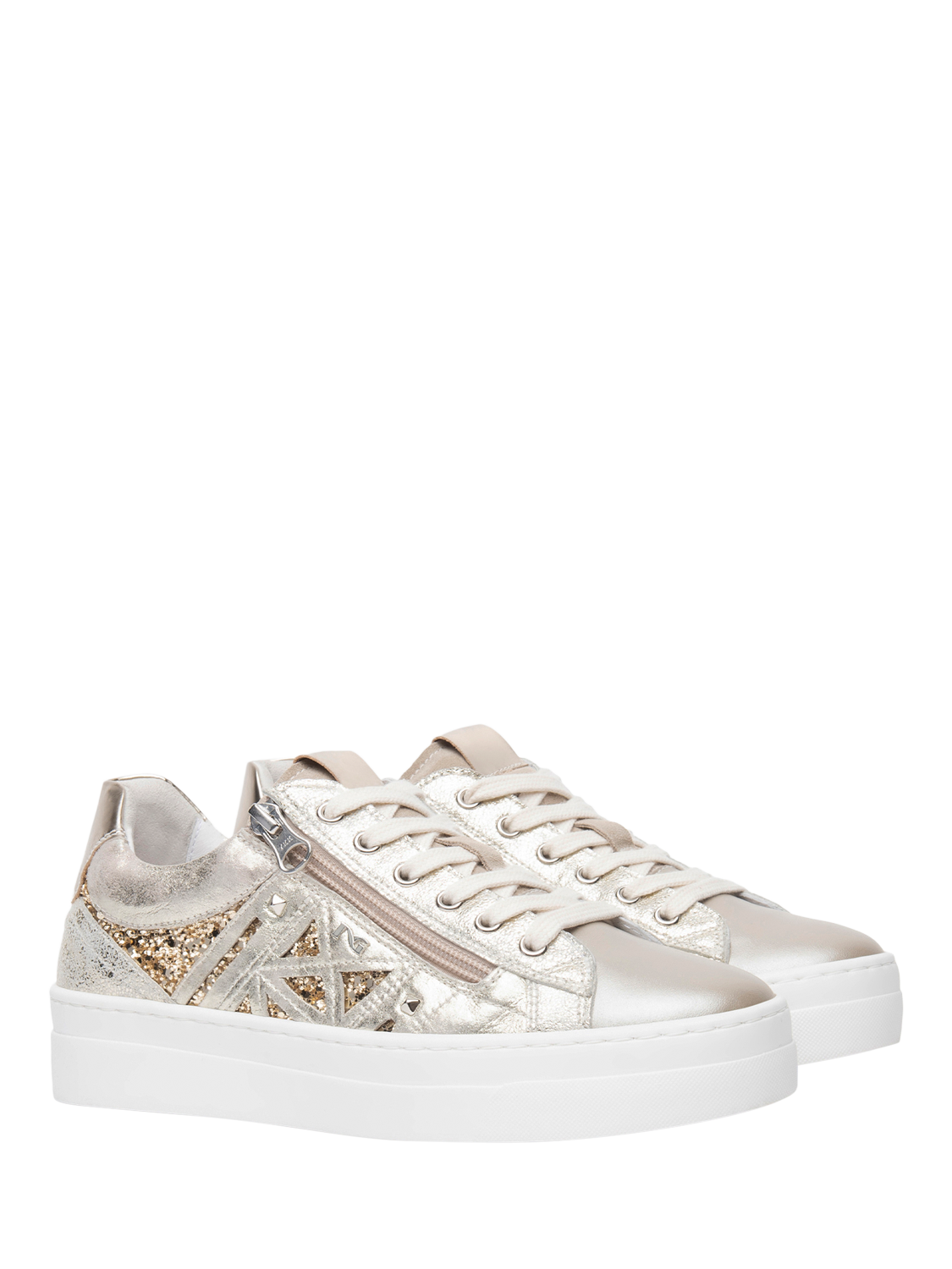 Product image 2 of 4, which shows NeroGiardini Genova Metallic Leather Lazer Cut Sparkle Trainers, Gold, 2